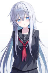 1girl alternate_costume anchor_symbol arms_behind_back black_sailor_collar black_serafuku black_shirt black_skirt blue_eyes blush collarbone commentary_request double-parted_bangs grey_hair hair_between_eyes hibiki_(kancolle) highres kantai_collection long_hair long_sidelocks long_sleeves looking_at_viewer neckerchief parted_lips pleated_skirt red_neckerchief sailor_collar school_uniform serafuku shikuro_(iorimiyakiyo) shirt sidelocks simple_background skirt solo upper_body very_long_hair white_background 