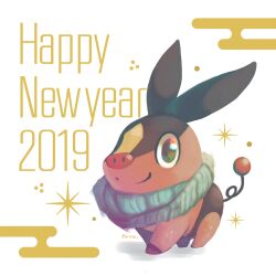  2019 artist_name closed_mouth commentary_request egasumi full_body grey_scarf happy_new_year highres looking_at_viewer no_humans pokemon pokemon_(creature) scarf signature simple_background solo tepig white_background yonayon 