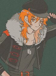  1boy adjusting_clothes adjusting_headwear arm_up belt belt_buckle black_belt black_gloves black_jacket buckle closed_mouth cowboy_shot dog_tags ensemble_stars! film_grain fingerless_gloves fur_trim gloves grey_background grey_shirt hair_behind_ear hair_between_eyes hakaze_kaoru heavy_film_grain jacket long_sleeves looking_at_viewer male_focus open_clothes open_jacket orange_eyes orange_hair pikurusu shirt simple_background smile solo white_fur 