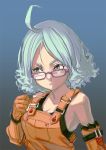  aro_(charged_time_out) bad_id blue_hair curly_hair elbow_gloves face glasses gloves original overalls pink_eyes short_hair solo 