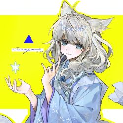  1girl absurdres animal_ears arknights arknights:_endfield bird_ears bird_girl blue_dress blue_eyes braid chinese_commentary closed_mouth commentary_request dress flower hair_flower hair_ornament hair_over_shoulder hands_up highres long_hair long_sleeves looking_at_viewer official_alternate_costume official_alternate_hairstyle perlica_(arknights) smile solo upper_body wide_sleeves xiazi571 yellow_background 