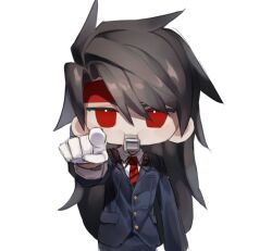  1boy black_hair blue_jacket collared_shirt commentary_request final_fantasy final_fantasy_vii final_fantasy_vii_remake gloves headband jacket japan_railways korean_commentary long_hair long_sleeves looking_at_viewer male_focus necktie official_alternate_costume pointing pointing_at_viewer red_eyes red_headband red_necktie shirt solo sora_ito_13 straight-on upper_body vincent_valentine whistle_in_mouth white_background white_gloves white_shirt 