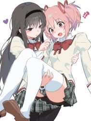  2girls ? ?? akemi_homura black_hair black_hairband black_pantyhose black_skirt blush bow bowtie breasts brown_shoes carrying commentary cowboy_shot dot_nose hair_between_eyes hair_ribbon hairband hand_up heart highres juliet_sleeves kaname_madoka lace-trimmed_shirt lace-trimmed_sleeves lace_trim long_sleeves mahou_shoujo_madoka_magica mahou_shoujo_madoka_magica_(anime) mitakihara_school_uniform multiple_girls open_mouth pantyhose parted_lips pink_eyes pink_hair plaid_clothes plaid_skirt princess_carry puffy_sleeves red_bow red_bowtie red_ribbon ribbon school_uniform shirt shoes short_twintails simple_background skirt small_breasts split_mouth square_neckline sweatdrop thigh-highs twintails violet_eyes white_background white_thighhighs xxskreamlo87809 yellow_shirt yuri 