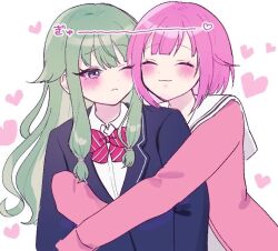  2girls black_jacket blush bow bowtie cardigan cheek-to-cheek closed_eyes closed_mouth collared_shirt commentary green_hair heads_together heart hug hug_from_behind jacket kusanagi_nene long_hair multiple_girls one_eye_closed ootori_emu pink_bow pink_bowtie pink_cardigan pink_hair project_sekai shirt short_hair simple_background violet_eyes white_background white_shirt y_mo yuri 