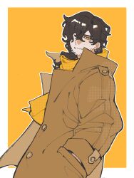  1boy absurdres ai_(keliandeaai) alternate_costume black_hair border brown_coat chinese_commentary coat commentary_request enigma_(reverse:1999) hair_over_one_eye hand_in_pocket highres looking_at_viewer low_ponytail male_focus medium_hair outside_border ponytail reverse:1999 scarf smile solo trench_coat upper_body white_border yellow_background yellow_eyes yellow_scarf 