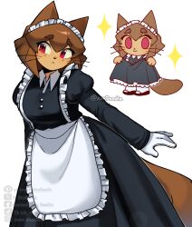  1girl akydoodlz alternate_costume animal_ears apron black_dress black_shoes body_fur brown_fur brown_hair cat_ears cat_girl cat_tail closed_mouth clothes_lift dress dress_lift furry furry_female gameoverse gloves highres kit_bodega lifting_own_clothes looking_at_viewer maid maid_apron maid_headdress mary_janes pantyhose red_eyes shoes smile solo tail triangle_mouth white_apron white_gloves white_headdress white_pantyhose 