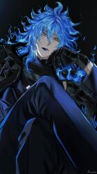  1boy absurdres anajudraws black_background black_coat blue_hair coat coat_on_shoulders commentary_request crossed_legs fiery_hair hand_up head_rest highres idia_shroud idia_shroud_(watchman_of_the_underworld) long_hair looking_at_viewer male_focus simple_background sitting solo twisted_wonderland yellow_eyes 