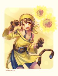  1girl :d bandana belt blue_shorts brown_belt brown_eyes brown_gloves brown_hair clenched_hands collarbone commentary_request cowboy_shot dress floral_background flower gloves highres no_nose off_shoulder open_mouth partial_commentary razzy rokusuijo short_hair shorts smile solo summon_night summon_night:_swordcraft_story sunflower yellow_background yellow_bandana yellow_dress 