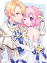  1boy 1girl alternate_costume alternate_hair_length_(longer) backless_dress backless_outfit blonde_hair braid closed_mouth detached_sleeves dress fingernails flower hand_on_another's_chest hand_on_another's_head highres jewelry long_hair long_sleeves necklace official_alternate_costume official_alternate_hairstyle one_eye_closed ootori_emu open_mouth orange_eyes orange_hair petals pink_eyes pink_hair pnyo_emc project_sekai ring scramble_fan_festa!_(project_sekai) short_hair tenma_tsukasa 