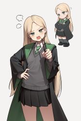  1girl absurdres black_skirt blonde_hair blush chibi commentary diagonal-striped_clothes diagonal-striped_necktie genderswap genderswap_(mtf) green_eyes green_necktie grey_background grey_eyes grey_sweater_vest harry_potter_(series) highres hogwarts_school_uniform holding holding_wand long_sleeves looking_at_viewer malfoid multiple_views necktie open_mouth pleated_skirt samgong school_uniform simple_background skirt slytherin striped_clothes striped_necktie sweater_vest wand wizarding_world 