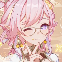  1girl ;) absurdres bespectacled chinese_commentary commentary_request diamond-shaped_pupils diamond_(shape) elf elysia_(hi_love_elf)_(honkai_impact) elysia_(honkai_impact) elysia_(lunar_grace)_(honkai_impact) feixianji_(hairstyle) glasses hair_rings highres honkai_(series) honkai_impact_3rd looking_at_viewer multicolored_hair official_alternate_costume one_eye_closed pink_hair pointy_ears portrait smile solo symbol-shaped_pupils tongling two-tone_hair violet_eyes white_hair 