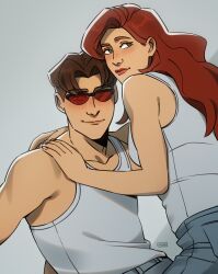  1boy 1girl absurdres blue_pants brown_hair closed_mouth commentary denim english_commentary fingernails green_eyes grey_background grey_shirt highres inuisdrawing jean_grey jeans lips long_hair looking_at_viewer marvel pants red-tinted_eyewear red_hair scott_summers shirt short_hair simple_background sleeveless sleeveless_shirt smile sunglasses tinted_eyewear x-men x-men_evolution 