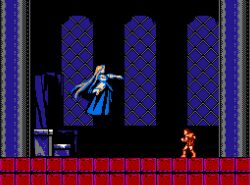  1boy 1girl archetype_earth arcueid_brunestud arm_up blonde_hair blue_dress boots castlevania_(series) crossover detached_sleeves dress fake_screenshot floating floating_hair gold_trim indoors isaacshouse2 long_dress long_hair melty_blood midair parody pixel_art puffy_detached_sleeves puffy_sleeves simon_belmont solo throne tsukihime two-tone_dress white_sleeves window 