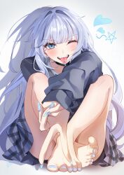  1girl :p ;p absurdres bare_legs barefoot blue_eyes blunt_bangs blush curled_up ear_piercing english_commentary feet full_body highres housei_fenoru legs long_hair long_sleeves looking_at_viewer mole mole_under_eye one_eye_closed open_mouth original piercing shirt simple_background skirt solo star_(symbol) star_in_eye symbol_in_eye toenails toes tongue tongue_out tongue_piercing v white_background white_hair 