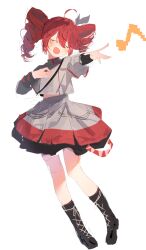  1girl ahoge black_boots boots closed_eyes commentary drill_hair frilled_skirt frills full_body grey_jacket grey_skirt hair_between_eyes hair_ribbon highres jacket kasane_teto kasane_teto_(sv) katata knee_boots lace-up_boots midriff_peek musical_note open_mouth pleated_skirt reaching reaching_towards_viewer red_hair ribbon simple_background skirt smile solo standing synthesizer_v twin_drills twintails utau white_background white_ribbon 