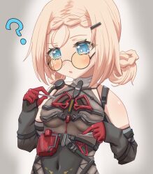  1girl ? absurdres bare_shoulders black_groza_(girls'_frontline_2) black_leotard blonde_hair blue_eyes blush bodysuit braid breasts confused cosplay covered_navel curious double_bun girls'_frontline_2:_exilium girls_frontline gloves hair_bun hair_ornament hairclip hands_up highleg highleg_leotard highres kuronukkkkko leotard medium_breasts medium_hair mp5_(girls'_frontline) multiple_braids ots-14_(girls'_frontline) ots-14_(girls'_frontline)_(cosplay) peri_(girls'_frontline_2) skin_tight solo sunglasses twintails upper_body 