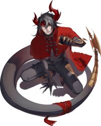  1boy arm_support armored_boots black_pants boots cape claws cloak commentary_request final_fantasy final_fantasy_vii final_fantasy_vii_rebirth final_fantasy_vii_remake full_body gauntlets hair_between_eyes headband highres horns korean_commentary looking_at_viewer male_focus pants parted_lips red_cape red_cloak red_eyes red_headband single_gauntlet solo sora_ito_13 squatting tail transformation vincent_valentine white_background 