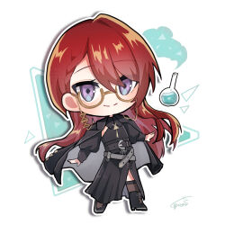  1girl ange_katrina ange_katrina_(9th_costume) asymmetrical_bangs belt black_belt black_boots black_coat black_shirt black_skirt blush boots braid braided_bangs brown-framed_eyewear brown_socks chibi chibi_only closed_mouth coat coat_on_shoulders commentary_request diamond-shaped_pupils diamond_(shape) drop_shadow eyewear_strap flask full_body glasses grey_belt grey_coat highres jewelry long_hair long_skirt long_sleeves looking_at_viewer morino_kaeru multiple_belts nijisanji outline pendant pleated_skirt puffy_sleeves red_hair round-bottom_flask semi-rimless_eyewear shirt shirt_tucked_in side_slit signature single_hair_intake skirt smile socks solo split_mouth symbol-shaped_pupils two-sided_coat two-sided_fabric very_long_hair violet_eyes virtual_youtuber white_background white_outline 