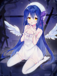  1girl :d absurdres ahoge bare_shoulders blue_hair blush chinese_commentary commentary_request dress feathered_wings frilled_dress frills full_body geopelia hair_ribbon hat highres long_hair looking_at_viewer no_shoes open_mouth outdoors phigros ribbon sitting sleeveless sleeveless_dress smile thigh-highs very_long_hair wariza white_dress white_hat white_thighhighs wings xiao_rin yellow_eyes 