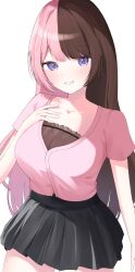  1girl absurdres alternate_costume brown_hair cardigan center_frills commentary_request frills highres long_hair looking_at_viewer miniskirt pink_cardigan pink_hair pink_shirt shirt short_sleeves simple_background skirt solo sumi_(sumiday0) tachibana_hinano violet_eyes virtual_youtuber vspo! white_background 