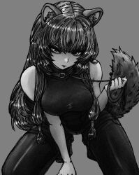  1girl animal_ear_fluff animal_ears bare_arms bare_shoulders breasts closed_mouth collar commentary english_commentary full_body greyscale hair_tubes highres holding holding_leash holding_own_leash kneeling leash lips long_hair looking_at_viewer medium_breasts metal_hair_tubes monochrome nyg0 pantyhose raccoon_ears raccoon_girl raccoon_tail raphtalia shirt shoes short_shorts shorts simple_background sleeveless sleeveless_shirt solo straight_hair tail tanuki tate_no_yuusha_no_nariagari v-shaped_eyebrows 