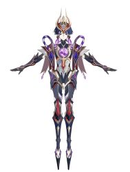  1boy arms_at_sides blunt_ends cable closed_mouth clothing_cutout commentary_request cyborg earrings eyeliner facial_mark full_body gem genshin_impact hair_ornament highres hip_vent jewelry looking_at_viewer makeup male_focus mechanical_arms mechanical_legs mitsudomoe_(shape) open_hands outstretched_arms personification pointy_ears purple_gem purple_hair purple_rope red_eyeliner retujyo4go rope scaramouche_(genshin_impact) scaramouche_(shouki_no_kami)_(genshin_impact) shimenawa solo spread_arms stole tomoe_(symbol) tsurime violet_eyes white_background white_rope wolf_cut 
