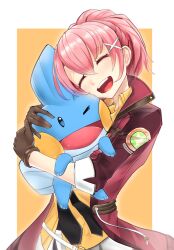  1girl :d absurdres belt border brown_gloves casul closed_eyes collared_shirt commentary commission crossover double-parted_bangs eiyuu_densetsu emblem english_commentary gloves hair_between_eyes hair_bun hair_ornament hair_tie head_tilt highres hug jacket juna_crawford leather leather_gloves long_sleeves mudkip one_eye_closed open_clothes open_jacket open_mouth outside_border pink_hair pink_jacket pokemon pokemon_(creature) pokemon_ruby/sapphire/emerald popped_collar sen_no_kiseki_(series) sen_no_kiseki_iv shirt short_hair sidelocks simple_background smile solo upper_body white_belt white_border x_hair_ornament yellow_background yellow_shirt 