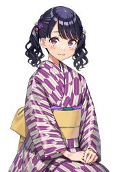  1girl absurdres black_hair blush breasts closed_mouth commentary_request flower_hairclip fukumaru_koito highres idolmaster idolmaster_shiny_colors japanese_clothes looking_at_viewer obi obijime own_hands_together sash short_twintails sitting small_breasts smile_up_corp twintails two_side_up violet_eyes white_background 