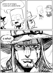  3boys absurdres cigarette closed_mouth english_text greyscale hat highres hol_horse how_hungry..._(meme) jean_pierre_polnareff jojo_no_kimyou_na_bouken kujo_jotaro looking_at_viewer meme monochrome mouth_hold multiple_boys open_mouth pun sketch snorezu solo_focus stardust_crusaders twitter_username 