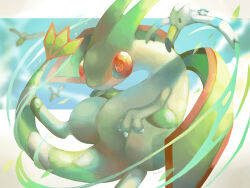  blue_sky claws flygon flying highres letterboxed looking_at_viewer no_humans open_mouth orange_eyes pokemon pokemon_(creature) sky wind wingull yonayon 