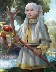  1girl belt belt_buckle black_belt buckle commentary elf frieren grass green_eyes highres holding holding_staff long_hair mage_staff outdoors parted_lips pointy_ears solo sousou_no_frieren staff tree twintails water white_hair yanmanxplore 