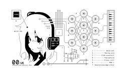  1girl a.i._voice adachi_rei adachi_rei_(vocaloid6) character_name circuit_diagram commentary_request computer_chip diagram drawstring english_text headlamp headphones highres instruction_manual instrument keyboard_(instrument) monochrome official_art p1pegraphics production_art short_hair solo utau vocaloid yonsoku_hokou_(vocaloid) 