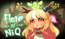  1girl antlers arm_at_side blonde_hair blush chibi chibi_only commentary_request cosplay dark-skinned_female dark_skin dress elf elfriend_(shiranui_flare) highres hololive horns hotaru_(htol#niq) htol#niq:_hotaru_no_nikki long_hair mion_(htol#niq) mion_(htol#niq)_(cosplay) multicolored_hair nokiri orange_eyes pointy_ears shiranui_flare short_eyebrows sidelocks sleeveless sleeveless_dress solo streaked_hair triangle_mouth upper_body v-shaped_eyebrows virtual_youtuber white_dress white_streaks 