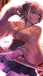  1girl bow_(weapon) breasts brown_eyes brown_hair closed_mouth commentary_request dirty dirty_clothes dirty_face gloves hair_between_eyes hakama hakama_skirt hiryuu_(kancolle) holding holding_bow_(weapon) holding_weapon japanese_clothes kantai_collection kimono large_breasts one-hour_drawing_challenge orange_kimono partially_fingerless_gloves short_hair simple_background single_glove skirt solo sweat weapon white_background wide_sleeves yugake yumi_yumi 