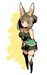  1girl animal_ear_fluff animal_ears arms_behind_back breasts brown_eyes closed_mouth commentary_request full_body green_skirt grey_hair grey_thighhighs haruyasai_(sanbunno) medium_breasts rabbit_ears rabbit_girl sekaiju_no_meikyuu sekaiju_no_meikyuu_5 skirt smile solo split_mouth therian_(sekaiju) therian_2_(sekaiju) thigh-highs white_background 