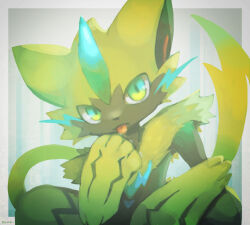 1other border commentary_request furry grey_border highres looking_at_viewer other_focus pokemon pokemon_(creature) sitting solo tongue tongue_out yonayon zeraora 