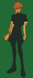  1980s_(style) 1boy absurdly_long_hair black_jacket black_pants black_shoes blue_eyes braid brown_hair double-parted_bangs duo_maxwell faux_retro_artstyle film_grain full_body green_background gundam gundam_wing hair_between_eyes heavy_film_grain jacket long_hair male_focus pants pikurusu retro_artstyle shoes short_sleeves simple_background solo standing very_long_hair 