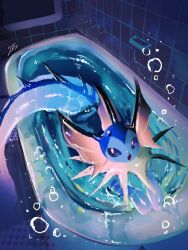  0025ff bathroom bathtub blue_eyes bubble commentary fins head_fins indoors no_humans open_mouth pokemon pokemon_(creature) pokemon_focus solo spikes tail untranslatable_commentary vaporeon water 