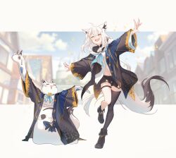  1girl 3others absurdres ahoge animal_ear_fluff animal_ear_piercing animal_ears aqua_eyes bare_shoulders black_coat black_shorts black_tail black_thighhighs blue_neckerchief braid coat crossed_bangs detached_sleeves double-parted_bangs earrings extra_ears fox_ears fox_girl fox_tail front_slit full_body highres hololive hood hoodie hyde_(tabakko) jewelry long_coat long_hair looking_at_viewer low-tied_long_hair miteiru_(shirakami_fubuki) multicolored_tail multiple_others navel neckerchief open_clothes open_coat pentagram sailor_collar shirakami_fubuki shirakami_fubuki_(1st_costume) shorts side_braid sidelocks single_braid single_earring single_thighhigh smile sukonbu_(shirakami_fubuki) tail thigh-highs thigh_strap virtual_youtuber white_hair white_hoodie white_tail wide_sleeves 
