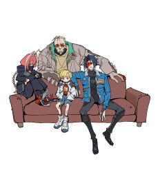  1girl 3boys absurdres ahoge black_gloves black_hair blonde_hair blue_eyes blue_jacket braid burn_scar closed_mouth couch cyberpunk:_edgerunners cyberpunk:_edgerunners_2 cyberpunk_(series) cyborg d_(cyberpunk) facial_hair gloves green_eyes hair_between_eyes hair_intakes hands_in_pockets highres jacket kokaki_mumose long_hair long_sleeves looking_at_viewer multiple_boys open_clothes open_jacket partially_fingerless_gloves pink_hair roman_carax scar scar_on_face shoes shorts simple_background sitting sunglasses talia_yang tinted_eyewear weak_kingsley white_background 