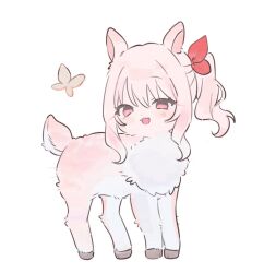  akiyama_mizuki animal animal_focus animal_with_hair animalization baby_animal bug butterfly commentary full_body highres lamb looking_at_viewer no_humans open_mouth pink_eyes pink_hair project_sekai sheep side_ponytail simple_background smile solo untranslatable_commentary vmtpzk white_background 