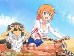  banzai_nekomimi black_hair blue_eyes breasts charlotte_e_yeager cleavage denim denim_shorts francesca_lucchini front-tie_top jacket long_hair midriff motor_vehicle motorcycle multiple_girls open_mouth orange_hair shirt shorts sidecar strike_witches striped striped_shirt sunglasses twintails vehicle 