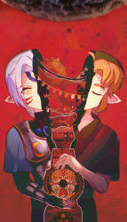  2boys absurdres blonde_hair clock clock_tower closed_eyes commentary english_commentary facial_mark fierce_deity gears highres hollow_body link long_hair male_focus moon multiple_boys pointy_ears red_background the_legend_of_zelda the_legend_of_zelda:_majora's_mask themortaldraw tower white_hair young_link 