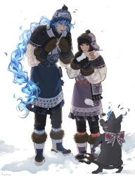  1boy 1girl 1other absurdres anajudraws beanie black_hair blue_hair boots braid braided_ponytail cat chibikemo commentary_request earflap_beanie fiery_hair full_body fur-trimmed_boots fur_trim furry glasses grim_(twisted_wonderland) hat highres holding holding_snowball idia_shroud idia_shroud_(applepom) long_hair pom_pom_(clothes) pom_pom_beanie simple_background snow snowball standing throwing twisted_wonderland very_long_hair white_background yellow_eyes yuu_(twisted_wonderland) 