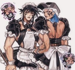  1girl 2boys alternate_costume apron arm_tattoo artist_name black_bow black_bowtie black_hair black_hat blue_hair bow bowtie charming_man chibi closed_mouth commentary dark-skinned_female dark_skin dragona_joestar dreadlocks facepaint facial_mark flower_wreath from_behind hat highres jojo_no_kimyou_na_bouken looking_at_viewer maid maid_apron maid_headdress medium_hair multiple_boys naru_tomaki open_mouth paco_laburantes peaked_cap puffy_short_sleeves puffy_sleeves red_pupils short_sleeves simple_background spiky_hair tattoo the_jojolands untranslatable_commentary veins violet_eyes watermark white_background wrist_cuffs 