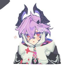  ! !! 1boy :o ahoge artist_name black_jacket black_shirt blush_stickers bright_pupils commentary_request crossed_bangs diamond_hair_ornament dragon_boy dragon_horns durin_(genshin_impact) gem genshin_impact gloves hair_between_eyes hair_ornament hands_on_own_face hands_up heart-shaped_gem highres horns jacket long_sleeves looking_at_viewer male_focus nigai_(n1ga17) open_clothes open_jacket open_mouth pink_gem purple_hair red_eyes shirt short_hair sidelocks simple_background solo turtleneck turtleneck_shirt upper_body white_background white_gloves white_pupils 