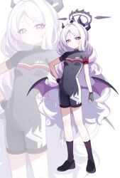  1girl alternate_costume black_halo black_horns blue_archive bodysuit commentary_request cran_berrie demon_girl demon_horns demon_wings fingerless_gloves gloves halo hina_(blue_archive) horns long_hair looking_at_viewer low_wings multiple_horns parted_bangs purple_halo purple_wings solo very_long_hair violet_eyes white_background white_bodysuit white_hair wings zoom_layer 