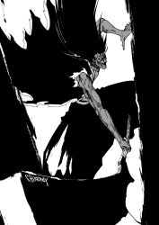  1boy absurdres artist_name axe bankai bleach bleach:_sennen_kessen-hen chikidney commentary crazy_smile dark-skinned_male dark_skin demon_horns greyscale hakama highres holding holding_axe horns japanese_clothes kimono long_hair monochrome open_clothes open_kimono open_mouth slashing smile solo torn_clothes torn_kimono zaraki_kenpachi 