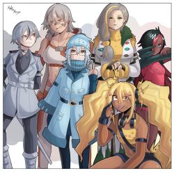  6+girls abs artist_name blonde_hair breasts character_request check_character coat colored_skin dark-skinned_female dark_skin flat_chest glasses gyaru highres large_breasts long_hair midriff mielthemouse multiple_girls pokemon regice regidrago regieleki regigigas regirock registeel short_hair small_breasts tongue tongue_out 