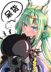  1girl absurdres arknights arknights:_endfield bare_shoulders bitey_(arknights) black_hair black_streaks blue_eyes blush closed_mouth colored_extremities commentary_request dragon_girl dragon_horns dress eastern_dragon_horns green_hair hair_bun highres horns long_hair looking_at_viewer multicolored_hair multicolored_horns pointy_ears pout si_(arknights) sidelocks simple_background solo streaked_hair translation_request two-tone_horns upper_body violetsang white_background white_dress white_horns yellow_horns 